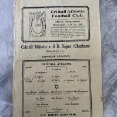 45/46 Crittall v Chatham Royal Navy Football Programme: Chatham Royal Navy Depot consist of players from 4 Scottish teams including Celtic plus Tottenham Barnsley and Bradford. London League match with pencilled team changes dated 1 5 1946. Good single sheet with creasing.