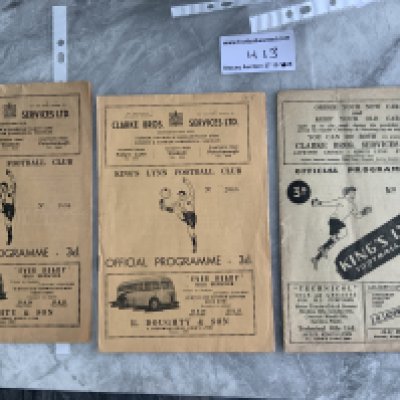 Kings Lynn Home Football Programmes: 50/51 Nuneaton Curley Cup Final fair, 54/55 Hull Midland League, Thetford Norfolk Senior Cup. Very good unless stated. (3)