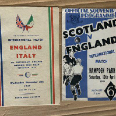 1940s England International Football Programmes: Home v 1946 Switzerland at Chelsea official and pirate, 1949 Italy at Tottenham signed inside by goalkeeper Bert Williams and away 1948 v Scotland. Very good with only the pirate having team changes. (4)