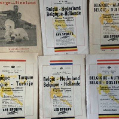 Belgium 1950s Home Football Programmes: 1956 Holland, 1958 Germany Turkey Holland, 1959 Austria. C/W 1956 Norway v Finland. Very good. (6)