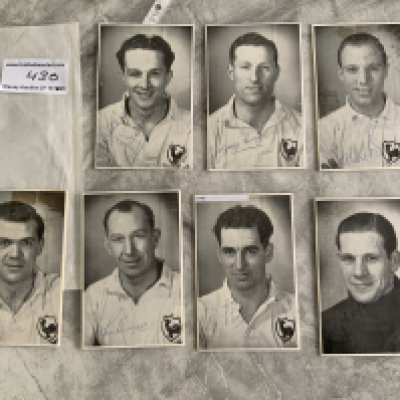 49/50 Signed Tottenham Photos: Believed be removed from the 1950 players guide book which was celebrating promotion to division one. Hand signed and mounted on thick card. 7 postcard size signed pictures are Ditchburn Clarke Burgess Duquemin Baily Ledford and Smith.