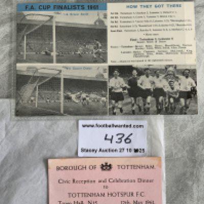 Tottenham 1961 Double Football Memorabilia: Rare ticket for the civic reception at the Town Hall on 12 5 1961 to celebrate the double. C/W How they got there postcard listing the route to the FA Cup final with pictures one side and results of the 1962 3rd round filled in to rear. (2)