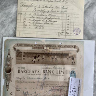 Tottenham 1925 Pictorial Cheque + Receipt: Stunning cheque written by Tottenham to the Tottenham Town Band for 24 pounds for playing at 6 matches at 4 pounds per visit and receipt states which matches. Cheque has a scene from White Hart Lane. Nice. Items. (2)