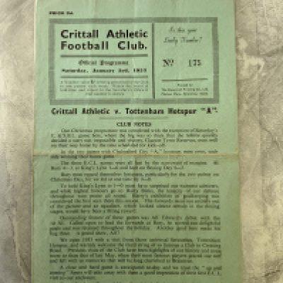 52/53 Crittall v Tottenham A Football Programme: Eastern Counties League match with team changes dated 3 1 1953. Very good with fold.