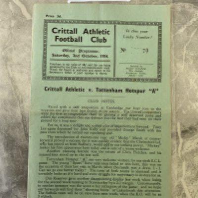54/55 Crittall v Tottenham A Football Programme: Eastern Counties League match with team changes dated 2 10 1954. Very good.