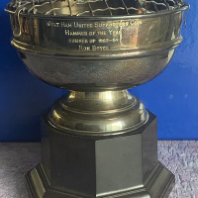 Ron Boyce West Ham 1964 Hammer Of The Year Runners Up Trophy: Seven inch high trophy engraved with 1963 - 1964 West Ham Supporters Club runner up Ron Boyce. Metal is tarnished but otherwise in excellent condition.