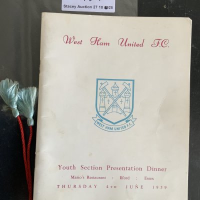1959 Squad Signed West Ham Youth Menu: Signed to rear by 19 players. Signatures include early Moore and Hurst as well as Boyce, Dear, Burkett and many more. Good condition former property of Ron Boyce.