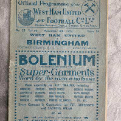 1924 - 1925 West Ham v Birmingham Football Programme: Excellent condition division one programme with no team changes.