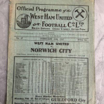 1936 - 1937 West Ham v Norwich Football Programme: Fair condition division two programme with no team changes. Slight wear.