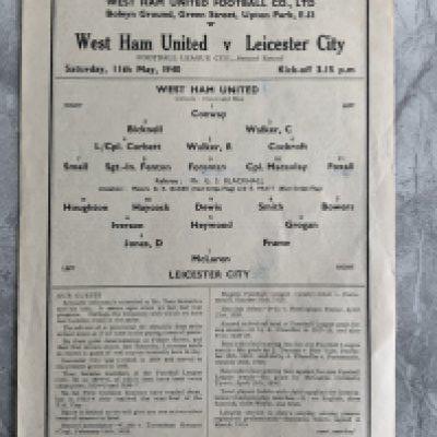 1939 - 1940 West Ham v Leicester City Football Programme: Excellent condition cup single sheet programme with no team changes. Dated 11 5 1940. West Ham went on to win the cup.