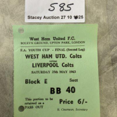 1963 FA Youth Cup Final West Ham v Liverpool Football Ticket: 2nd leg played at Upton Park on 25/5 1963. Two punch holes.