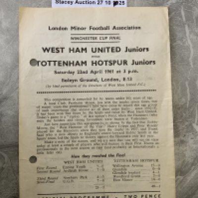 60/61 West Ham v Tottenham Winchester Cup Football Programme: Rare Juniors single sheet with no team changes but score written. Dated 22 4 1961 with two punch holes only clipping one letter of text.
