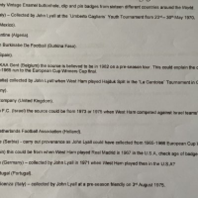 John Lyalls Football Career Pin Badges: Lyall was handed these badges by opponents mainly and include Beiter Jerusalem of Israel who they played in the mid 70s. The family have listed the badges and they have guessed in some cases where they were obtained (see online pictures). (22)