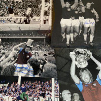 West Ham Large Signed Football Photos: 16 x 12 inch photos from famous moments each hand signed. Includes Alan Taylor scoring 1975, Ron Boyce with ECWC 1965, Billy Bonds with FA Cup 1975. (10)