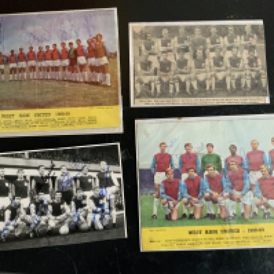 West Ham Signed Football Team Groups: Two from 68/69 one signed by 9 the other by 11. There is a mid 60s team with 8 autographs and a late 50s signed by 6 including an early Bobby Moore autograph. C/W 3 photos all signed by goalscorers in the 1980 FA Cup run. (7)