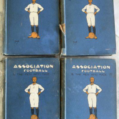 Association Football + The Men Who Made It Football Books: All 4 volumes of the 1905 book with some wonderful pictures inside. Internally and even the boards ok but spines are poor. (4)