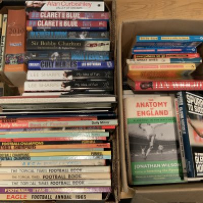 Football Book Collection: Annuals include Topical Times, Eagle, BBC Sportsview, Book Of Football, Autobiographies, Football Violence, Soccer At War, Rothmans Yearbooks 71/72 72/73 and more with duplication. Instructions to sell. (3 boxes)