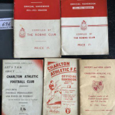 Charlton Football Handbooks: 49/50 51/52 53/54 plus Lets Talk About Charlton 1940s, History + Highlights 1946. Good. (5)