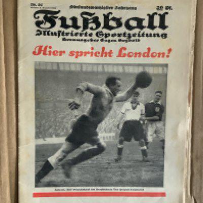 1935 England v Germany At Tottenham Football Newspaper: Infamous match in which the German team all gestured the nazi salute in a ground with a high Jewish support. 24 page German paper is excellent and is devoted just to this match with photos and match reports.