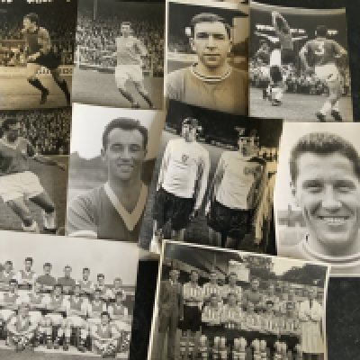Mixed Football Press Photos: Mainly 10 x 8 black and white photos, many with press stamps to rear. Often match action including to include Arsenal, England, Orient, West Ham and many more. Covers 1940s to 1960s. Good. (55)