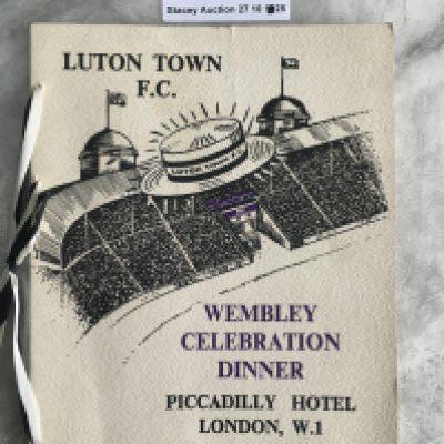 1959 Luton Town FA Cup Final Football Menu: Stunning menu with ribbons held at the Piccadilly Hotel in London the evening of the match. Excellent condition.