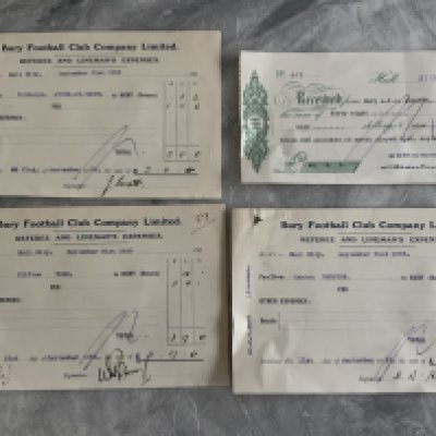 35/36 Bury v Hull City Invoices + Receipts: From Bury for the travelling expenses of all 3 Referee/ Linesman. C/W a receipt from Bury for 48 pounds (20 per cent of proceeds) of the match. Nice items from the great old football league club. (4)