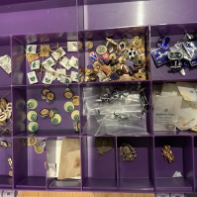 Football Badge Collection: Must view as badges appear old. Lot of Tottenham to include quantity of one style plus lapel badge etc. Quantity of each of the same Hungary and Italy badge plus International Soccer badge San Francisco which could refer to English club tours in the 60s. Possibly Panathinaikos as well in quantity. Spotted in this badge case a madras which states 1899 to 1949 celebrating 50 years of defunct Belgium team Beerschot.