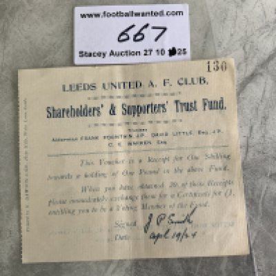 1924 Leeds United Shareholders Trust Fund Voucher: Receipt for one shilling. If you purchased 20 of these you could vote. The club was only 5 years old after Leeds City dissolved.