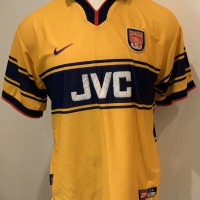 Arsenal 97 - 99 Away Football Shirt: Short sleeve yellow replica JVC in good condition. Size XL.