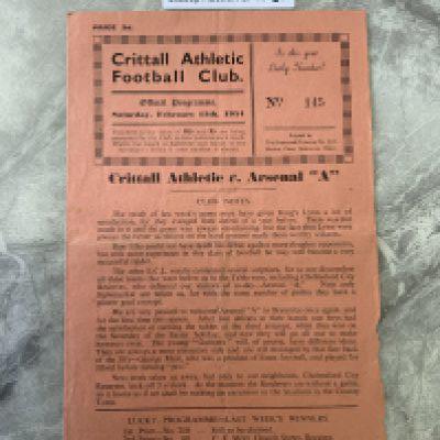 53/54 Crittall v Arsenal A Football Programme: Eastern Counties League match with team changes dated 13 2 1954. Good.