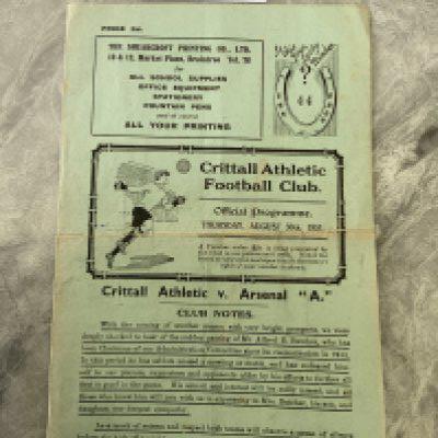 51/52 Crittall v Arsenal A Football Programme: East Anglian Cup match with team changes and fold dated 30 8 1951.