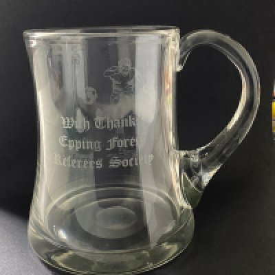 John Lyalls Football Tankards: 84/85 West Ham v Tottenham (Ampofo test) tankard plus glass tankards for 1988 Mercantile Credit and Epping Forest Referees Society where he gave a talk.