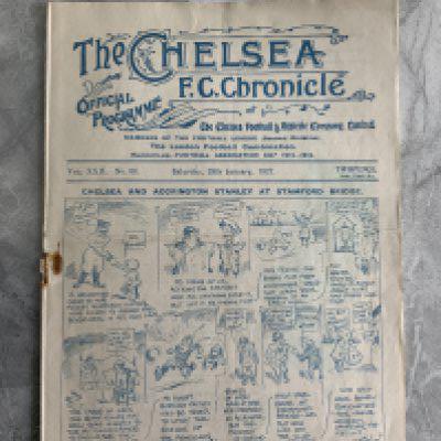 1926;- 1927 Chelsea v Accrington Stanley Football Programme: FA Cup match in fair/good condition with no team changes. Staple rotted away.