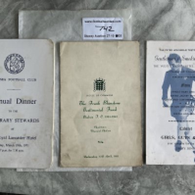 Chelsea Football Menus: 1963 Frank Blunstone testimonial fund, 1971 Honorary Stewards menu signed by 9 ( non players ) and a 1973 Peter Houseman testimonial fund gentlemans smoking concert. (3)
