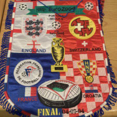 Football Memorabilia Box: Two bound volumes of home programmes for Arsenal 2015/16, approximately 50 pennants of various sizes, signed framed photos of Tottenham players Anderton and Berbatov, non sport press ohotos from the Plymouth area, tickets include 1998 World Cup England v Tunisia, 1981 FA Cup Final replay, Golf programmes, Man Utd photos, large flags for Arsenal finals in 1995 ECWC, 2000 UEFA Cup and a few cards.