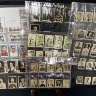 Football Card Collection: Complete set 48 1960 Chics and two missing from 1956 team group set, 42 cards made by Bucktrout of Guernsey, over 200 Pinnace, complete set of 50 Association Footballers by Wills. Cards from makers such as Adventure, Pluck, Ogdens and more. Quantity.
