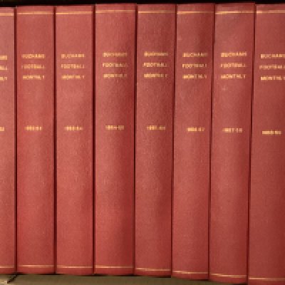 Charles Buchan Complete Bound Volumes Of Football Magazines: The first 12 years of the monthly magazine bound in 12 red binders with gold lettering to spine. Starting with first issue in September 1951. Very good. 12 volumes.
