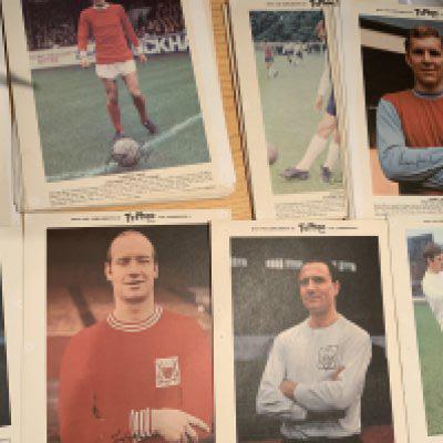 Typhoo Large Football Tea Cards: Whilst in good condition these 47 cards have pin holes in corners where previously displayed. Includes 2 different Bobby Moores and George Bests. C/W full set of Squelchers in original album.