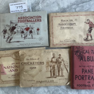 Complete Albums Of Pre War Football Cards: Topical Times Of Miniature Panel Portraits, Hints On Football Association John Player, 35/36 Association Footballers Wills, Cricketers 1938 Players and a further set which is incomplete and in wrong album. Instructions to sell. (4 complete sets)