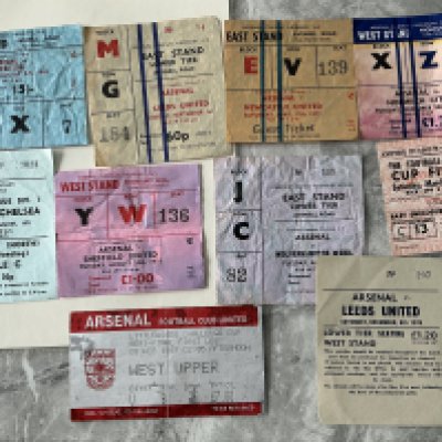 Arsenal Home Football Tickets: 69/70 Everton, 70/71 Leeds Newcastle 71/72 Chelsea Sheffield United 72/73 Wolves 75/76 Leeds. C/W with 1968 League Cup Final and 86/87 Semi Final. Good. (10)