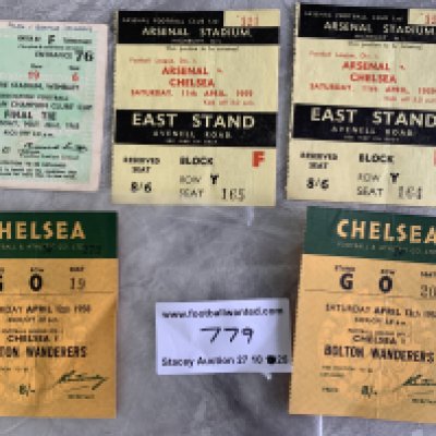 Chelsea Football Tickets + More: Two Chelsea home tickets v 57/58 Bolton and two for away match at Arsenal in 58/59 all very good. C/W 1963 European Cup final at Wembley between AC Milan and Benfica with fixture neatly written. (5)