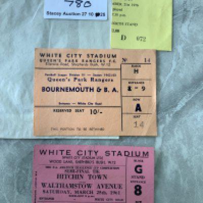 White City Football Tickets: 62/63 QPR v Bournemouth, 1961 Amateur Cup semi final Hitchin v Walthamstow. Good. (2)