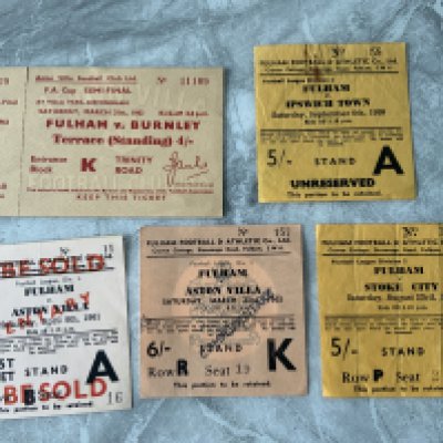 Fulham Football Tickets: Home tickets v 58/59 Stoke, Ipswich, 60/61 Aston Villa, 62/63 Aston Villa and a used semi final ticket v Burnley in 1962. Very good. (5)