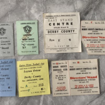 Derby County Football Tickets: Away at Liverpool 61/62 + 63/64 when Liverpool were champions, 61/62 Southampton, Orient 58/59 + 59/60. Directors home tickets v Newcastle and Rotherham unused. Good. (7)