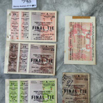 1963 FA Cup Final Manchester United Football Tickets: Below average final ticket with accompanying card from Man Utd stating we are pleased to inform you we have enclosed your ticket. C/W 3 different colour proof complete copies sent to the FA for approval from the printers. These tickets differ because they do not have perforations. (5)