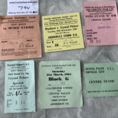 Crystal Palace Football Tickets: 60/61 away to Watford in the league and cup, 63/64 Colchester away. Home v 57/58 Ipswich FA Cup. C/W 60/61 Watford v Reading. Good. (6)