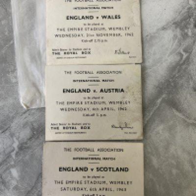 England 1960s Royal Box Football Tickets: 1962 Wales, Austria and 1963 Scotland all at Wembley. Fair/good. (3)