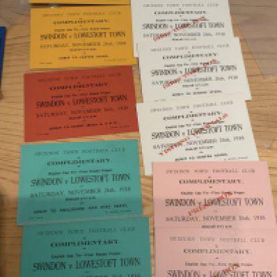 38/39 Swindon Town v Lowestoft FA Cup Football Tickets: First round complimentary tickets in mint condition in various colours with pink ones being press box and white ones being directors box with other 3 colours being different parts of the ground. (11)