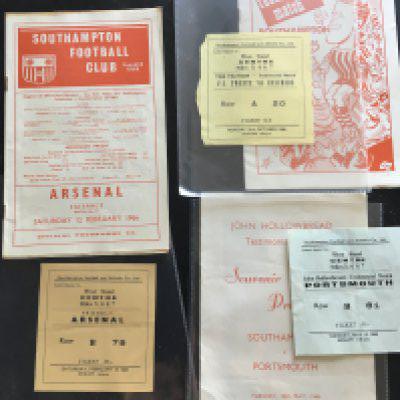 Southampton 65/66 Home Football Tickets + Programmes: Tommy Traynors testimonial, John Hollowbread testimonial and a friendly v Arsenal. Very good. (6)