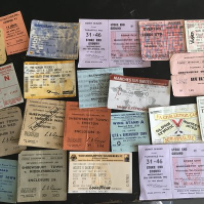 Football Ticket Collection: Includes Shrewsbury homes v 60/61 Everton League Cup and a few more from that era, 76/77 Liverpool v Zurich, 62/63 Aston Villa v Tottenham, 53/54 QPR v Shrewsbury, Gary Bailey Manchester United testimonial. Mainly good. (22)